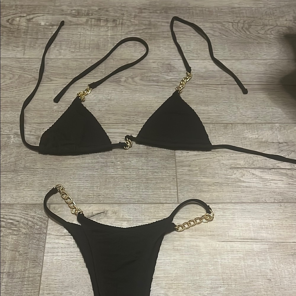 Black Bikini with Gold Chain Accents